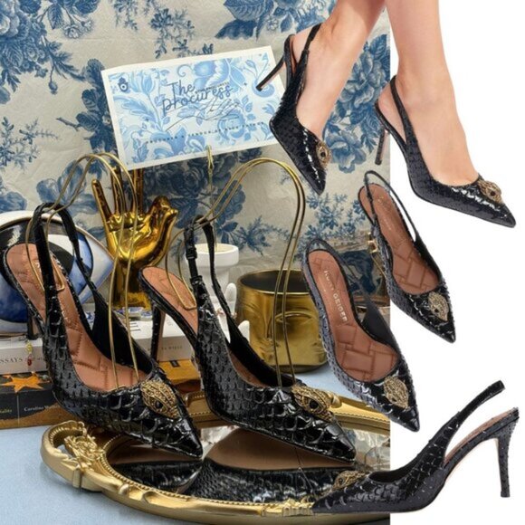 🆕 KURT GEIGER LONDON 🧿 NWOB Belgravia Slingback Heel Black Snakeskin Sz 39 8.5 - Picture 1 of 16
